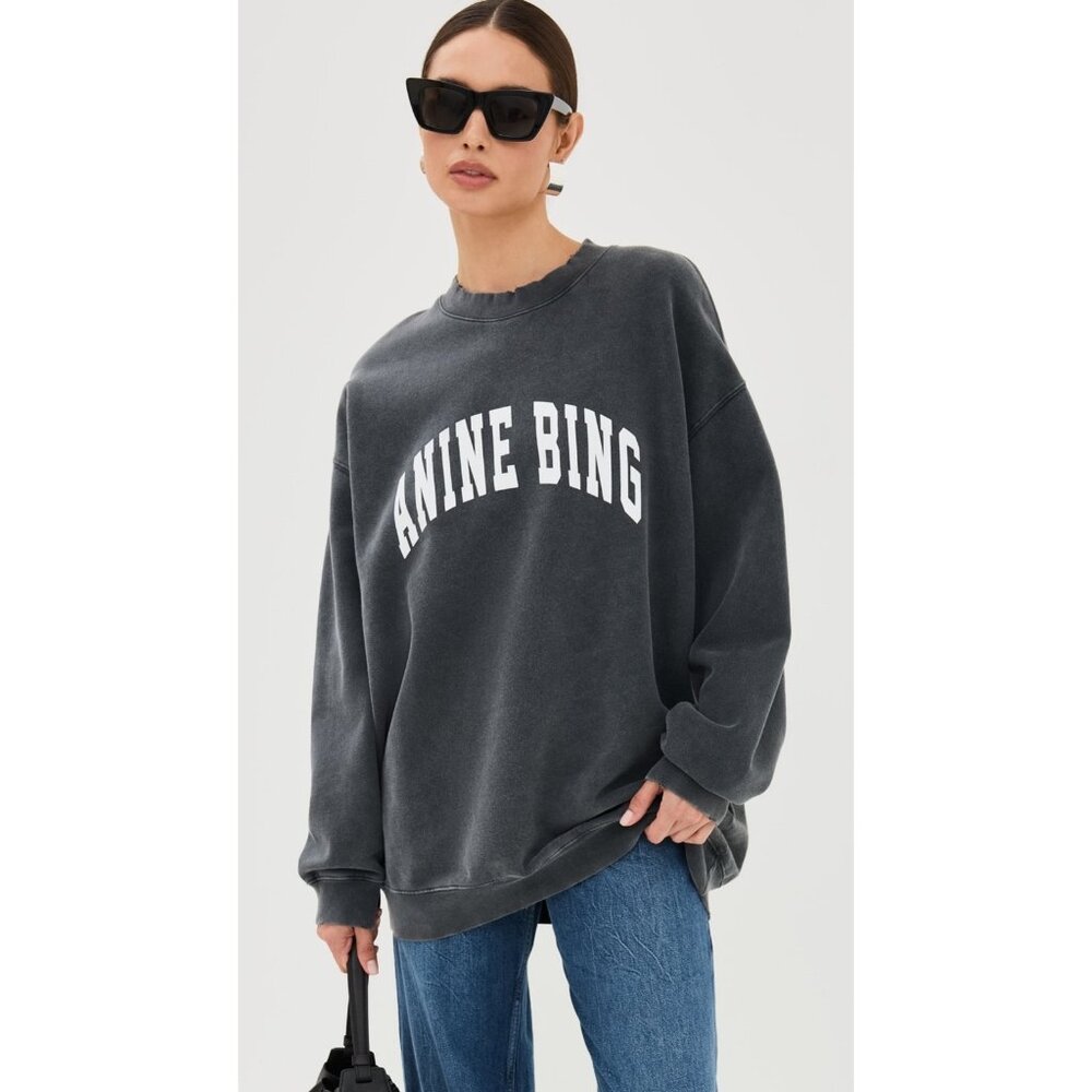 ANINE BING Tyler Charcoal Sweatshirt Womens Size XS Oversized Distressed Crew